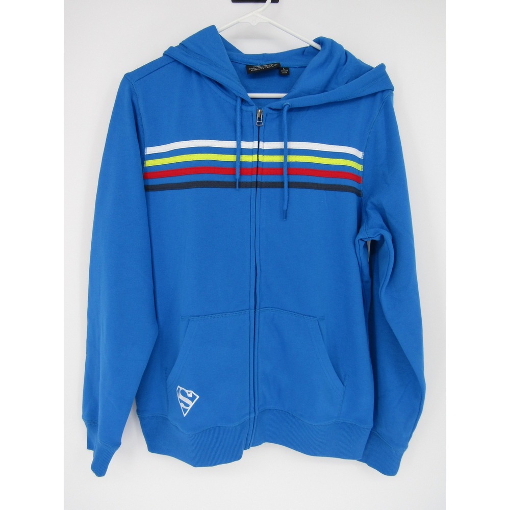 Warner Bros Superman Zip Up Hoodie Mens Large Blue Graphic Striped DC Comics